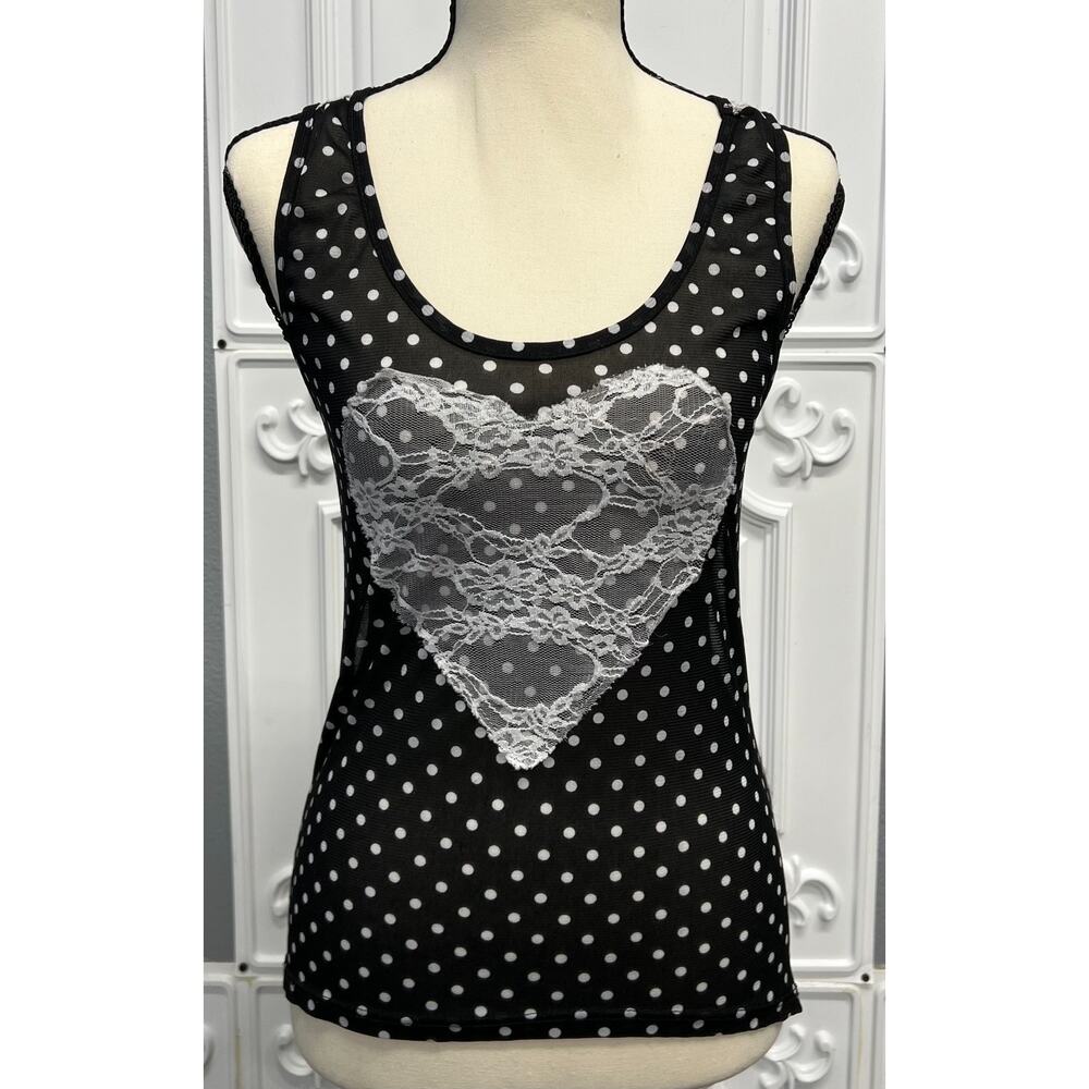 Love J USA Black Polk-Dot Mesh Tank w/ Lace Heart- Women's Medium